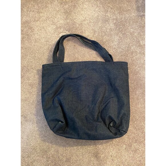 Denim Tote Bag Embroidered Gold Design Green Lining Large - Picture 2 of 7